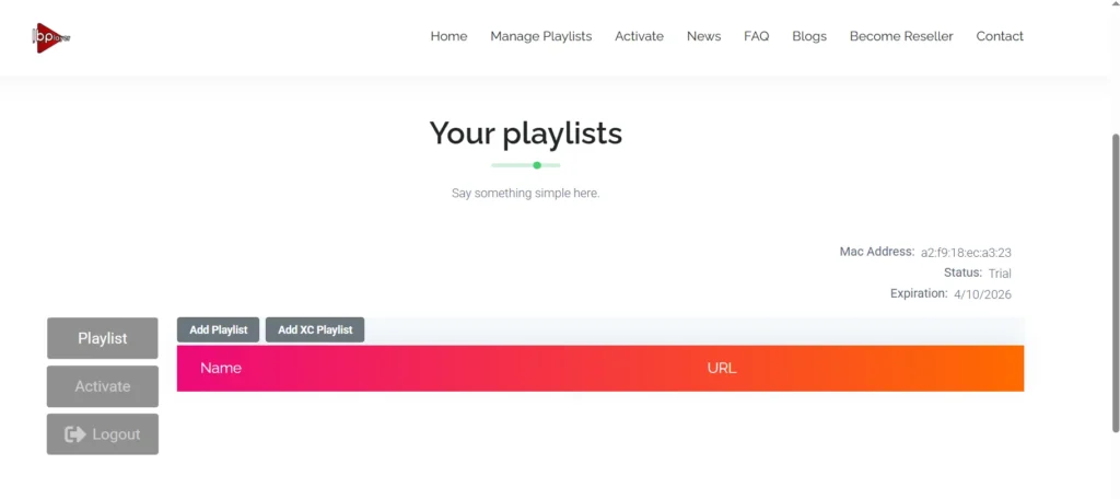IBO Pro Player website showing the Manage Playlist option in the user dashboard