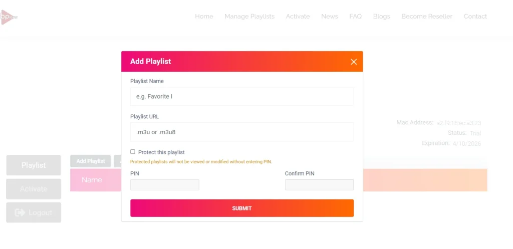Add playlist screen in IBO Pro Player showing the M3U link input field