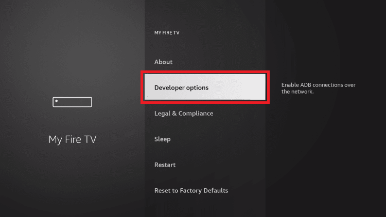 Developer options highlighted in the My Fire TV menu
