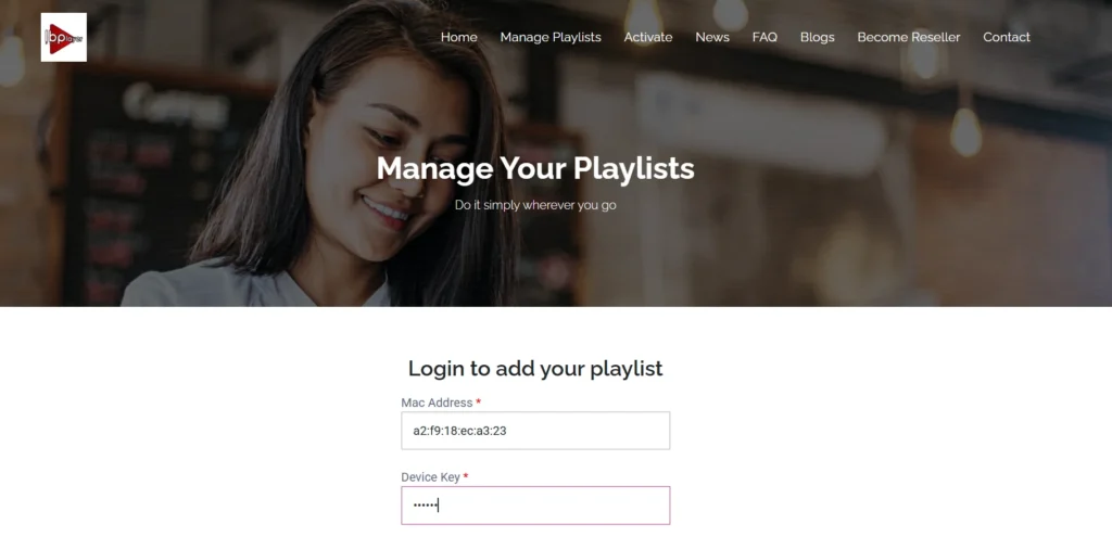 IBO Pro Player website showing the mac address and device key option in the user dashboard